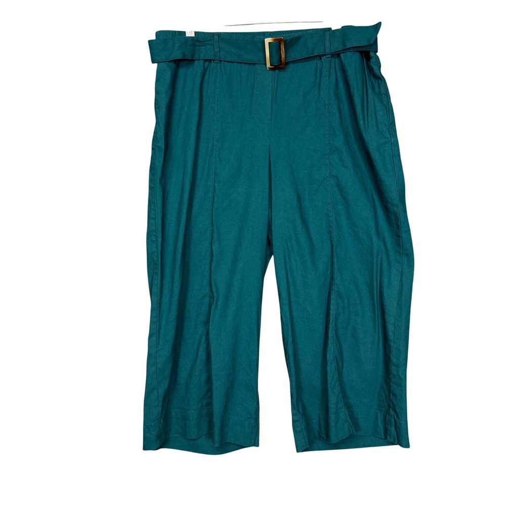 J Jill Wide Leg Crop Pants Womens Large Petite Teal Green Belted Linen‎ Stretch